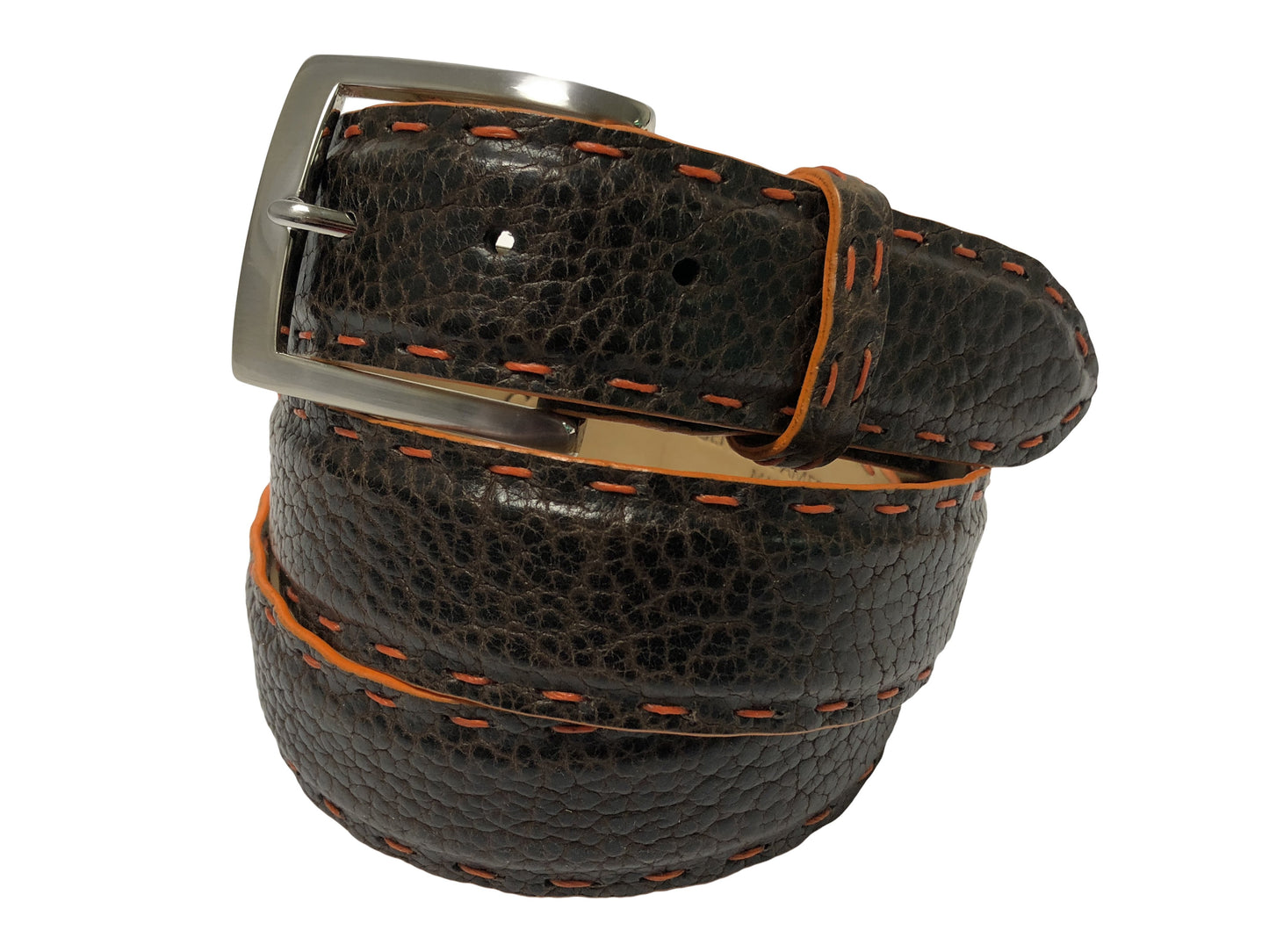 Bison Skin Painted Edge Belt Brown / Orange Pick Stitch