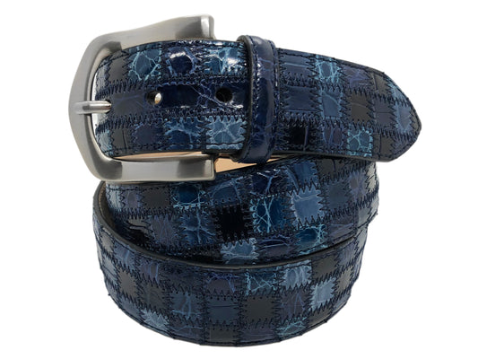 Alligator Caiman Lizard Multi-Skin Patchwork Belt Blue