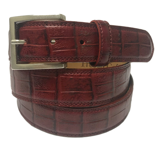 Calf Skin Crocodile Embossed Belt Burgundy