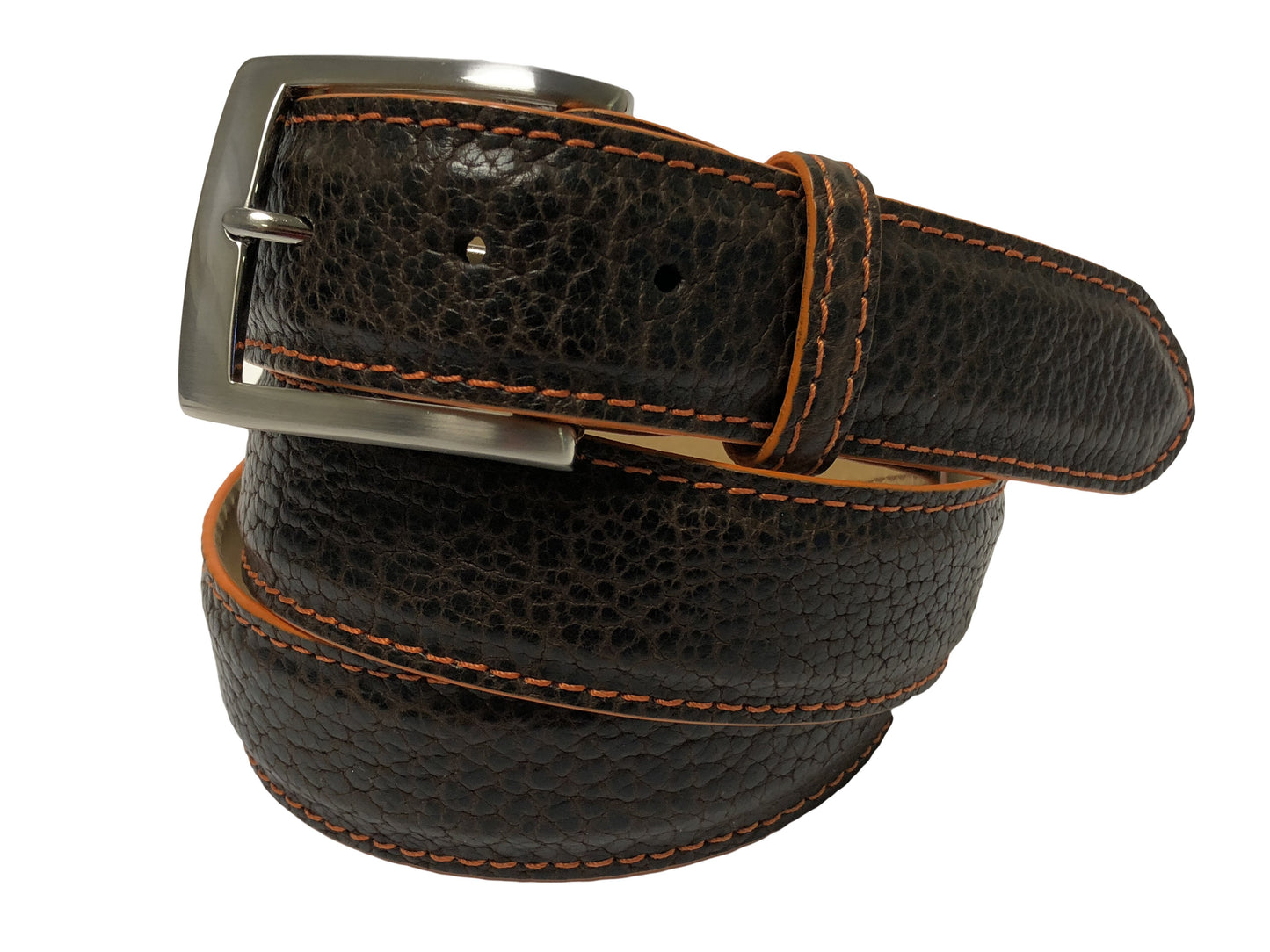 Bison Skin Painted Edge Belt Brown / Orange Stitch