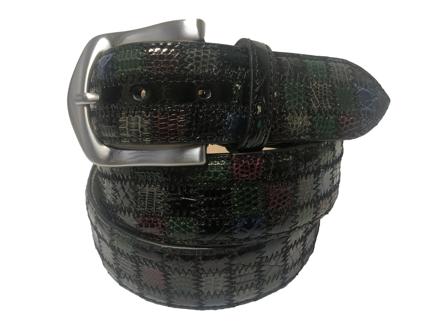 Alligator Caiman Lizard Multi-Skin Patchwork Belt Green