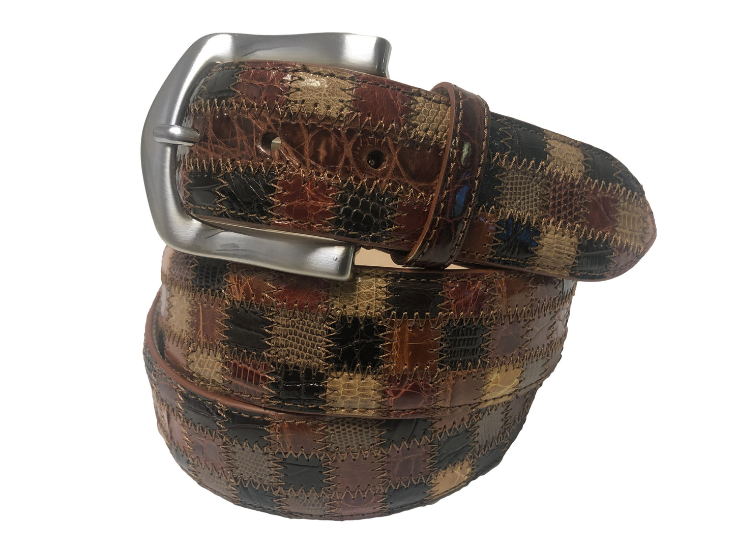 Alligator Caiman Lizard Multi-Skin Patchwork Belt Brown